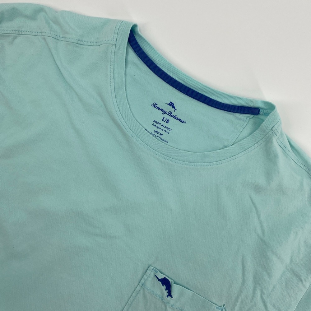 Tommy Bahama T Shirt Mens Large L Aqua Blue Pima Pocket UPF‎ 30 Coastal Vacation